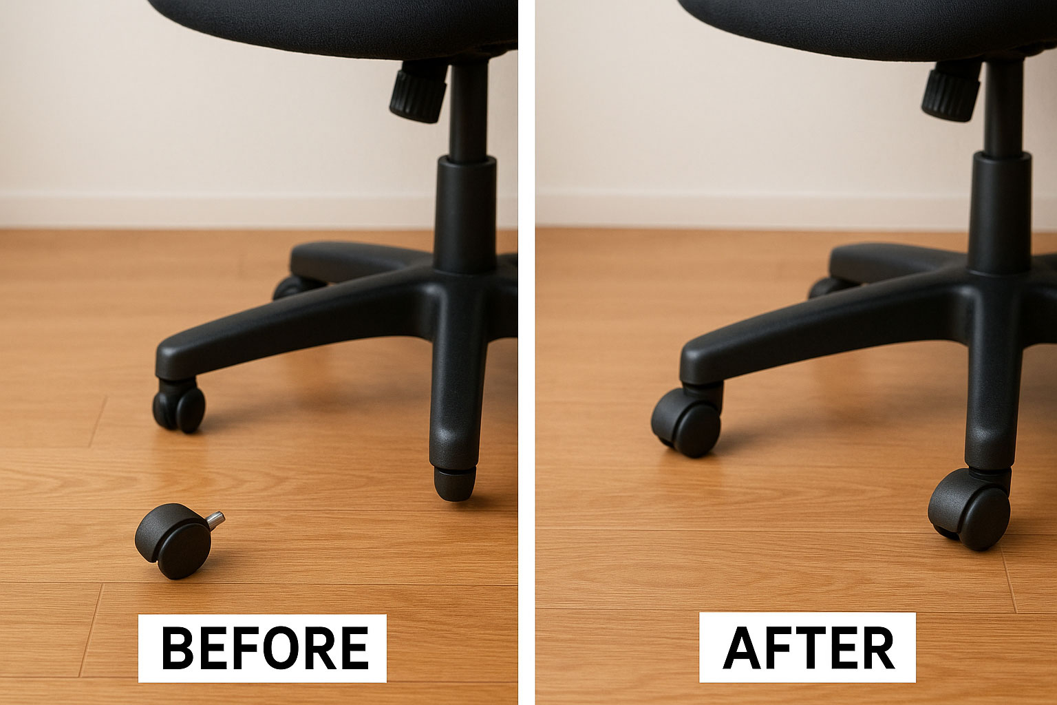 キャスターが外れてしまった椅子のキャスター修理のビフォアーアフター画像
