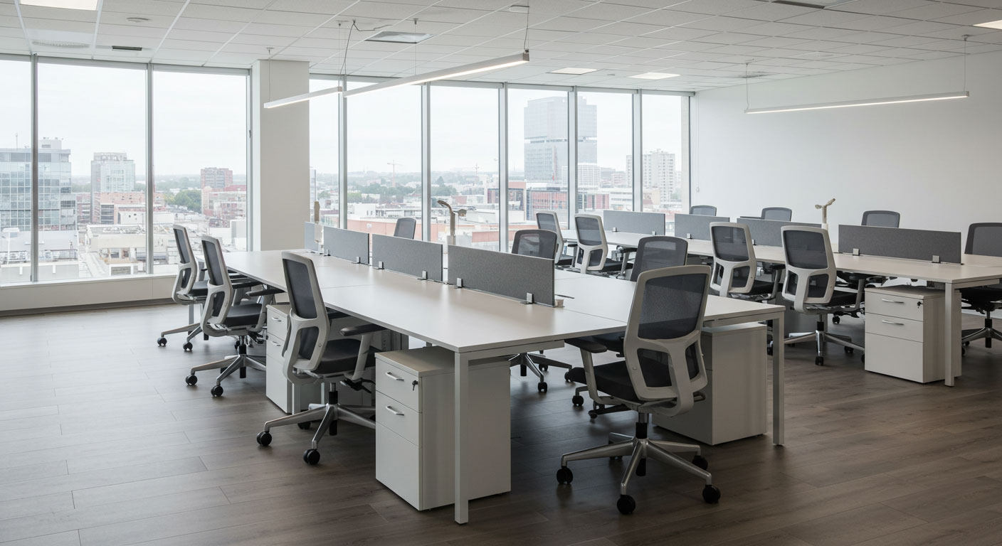 オフィスにデスクとチェアを整列した画像
