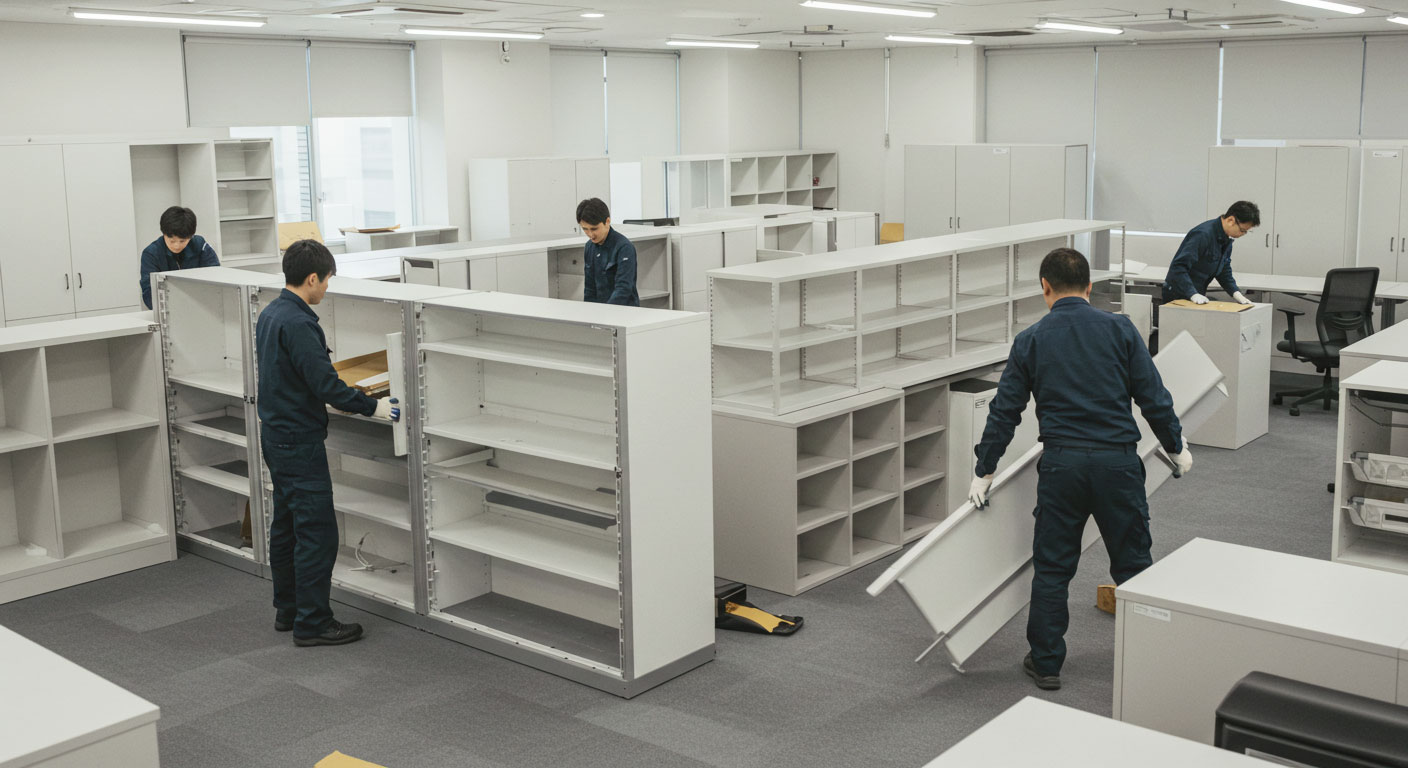 作業員が棚を組み上げている画像