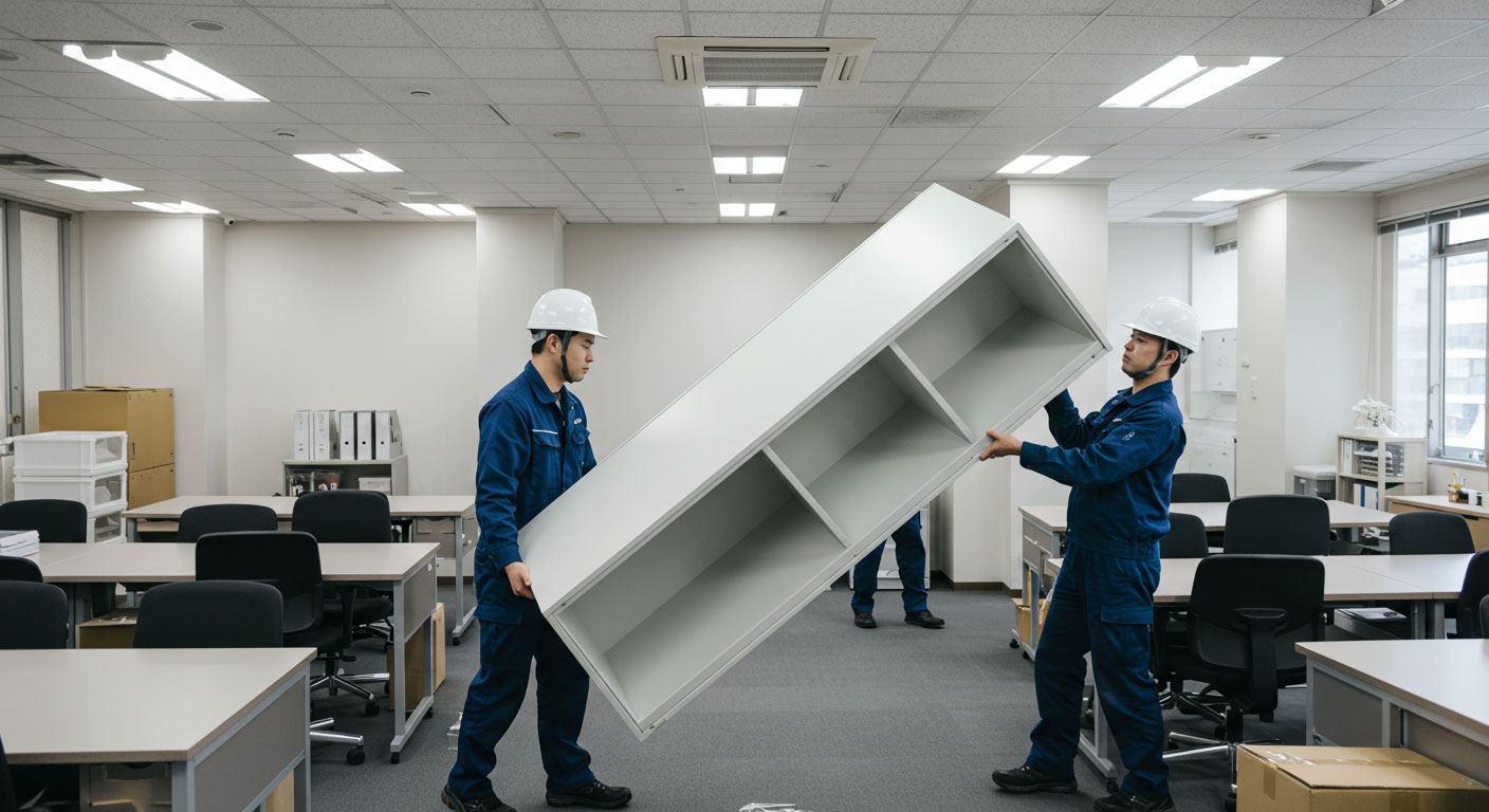 作業品2人で棚を持ち上げて運搬している画像