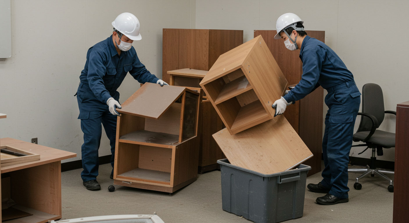 作業員が不要な家具を解体している画像
